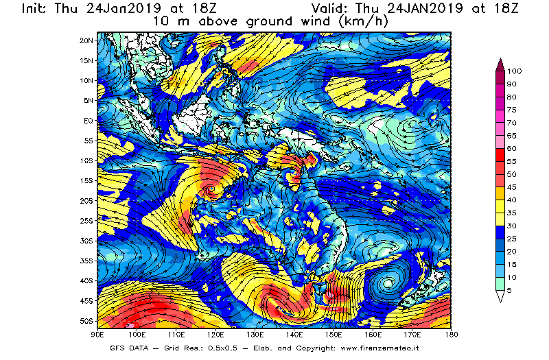 Mappa di analisi GFS - Velocità del vento a 10 metri dal suolo [km/h] in Oceania
							del 24/01/2019 18 <!--googleoff: index-->UTC<!--googleon: index-->
