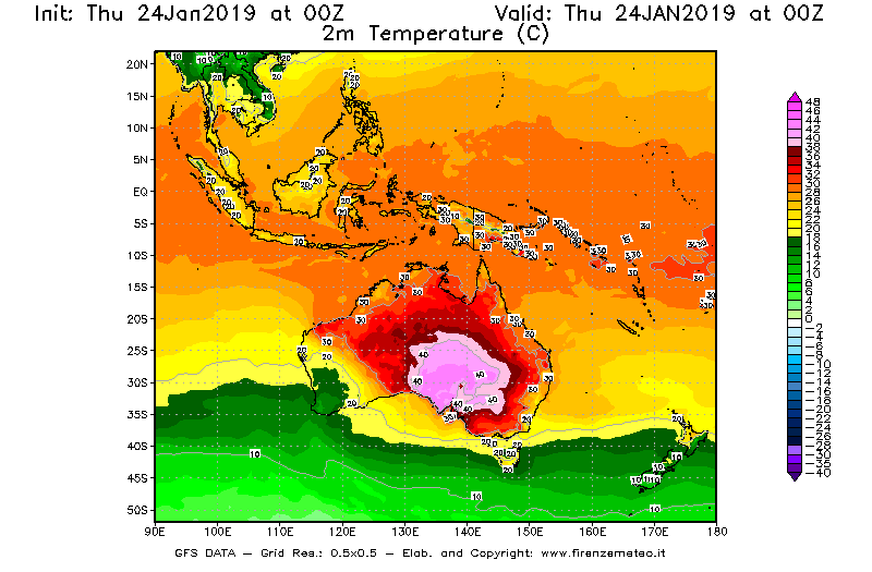 Mappa di analisi GFS - Temperatura a 2 metri dal suolo [°C] in Oceania
							del 24/01/2019 00 <!--googleoff: index-->UTC<!--googleon: index-->