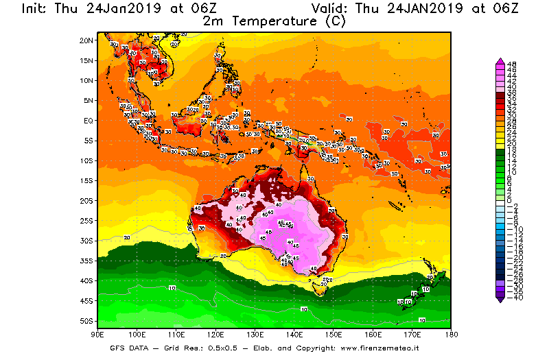 Mappa di analisi GFS - Temperatura a 2 metri dal suolo [°C] in Oceania
									del 24/01/2019 06 <!--googleoff: index-->UTC<!--googleon: index-->