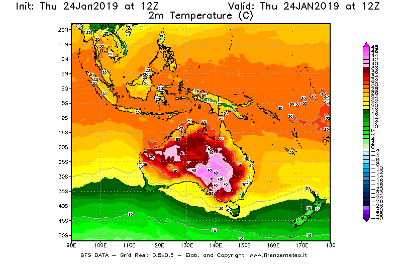 Mappa di analisi GFS - Temperatura a 2 metri dal suolo [°C] in Oceania
									del 24/01/2019 12 <!--googleoff: index-->UTC<!--googleon: index-->