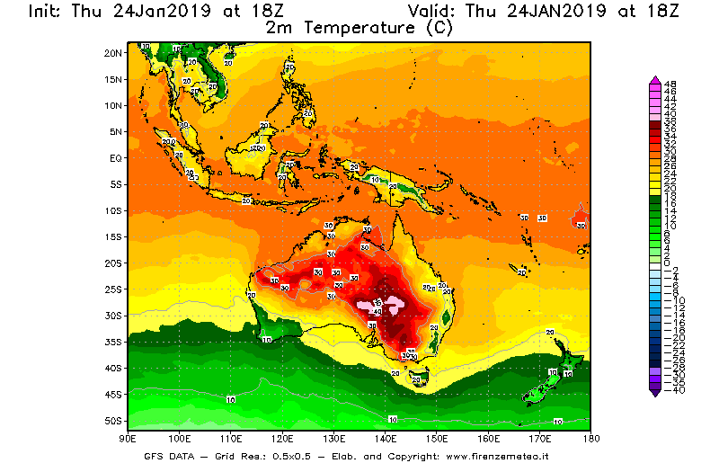 Mappa di analisi GFS - Temperatura a 2 metri dal suolo [°C] in Oceania
							del 24/01/2019 18 <!--googleoff: index-->UTC<!--googleon: index-->
