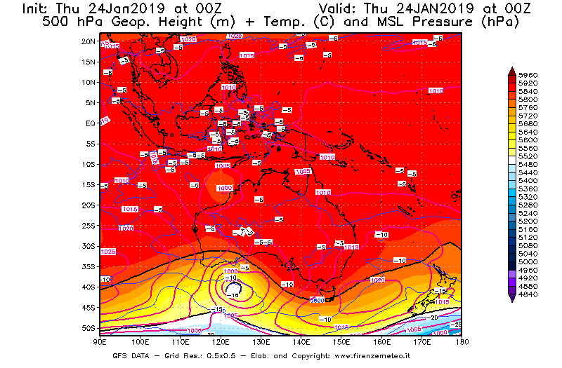 Mappa di analisi GFS - Geopotenziale [m] + Temp. [°C] a 500 hPa + Press. a livello del mare [hPa] in Oceania
									del 24/01/2019 00 <!--googleoff: index-->UTC<!--googleon: index-->