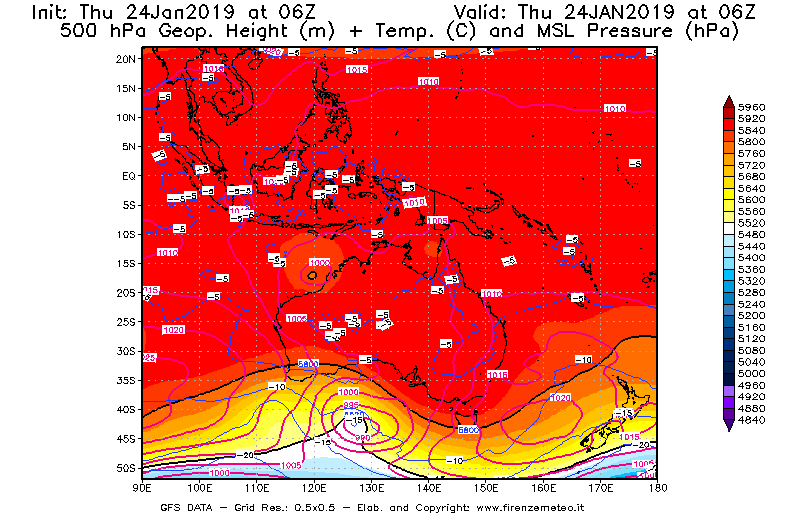 Mappa di analisi GFS - Geopotenziale [m] + Temp. [°C] a 500 hPa + Press. a livello del mare [hPa] in Oceania
									del 24/01/2019 06 <!--googleoff: index-->UTC<!--googleon: index-->