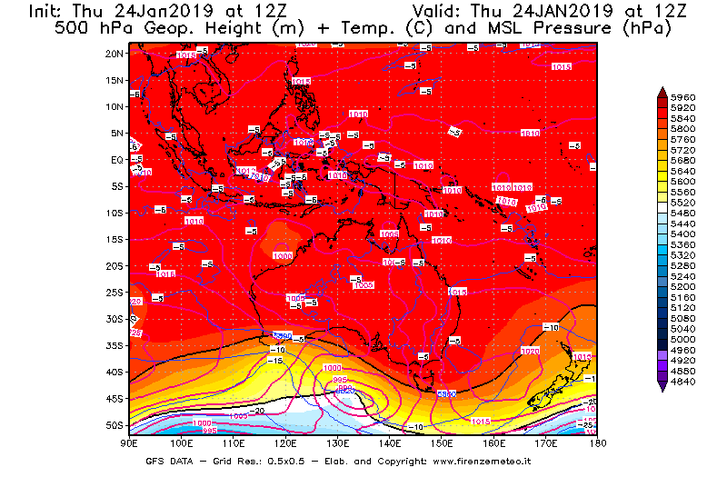 Mappa di analisi GFS - Geopotenziale [m] + Temp. [°C] a 500 hPa + Press. a livello del mare [hPa] in Oceania
									del 24/01/2019 12 <!--googleoff: index-->UTC<!--googleon: index-->