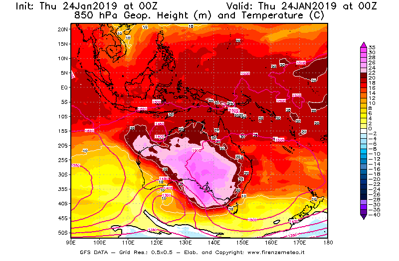 Mappa di analisi GFS - Geopotenziale [m] e Temperatura [°C] a 850 hPa in Oceania
							del 24/01/2019 00 <!--googleoff: index-->UTC<!--googleon: index-->