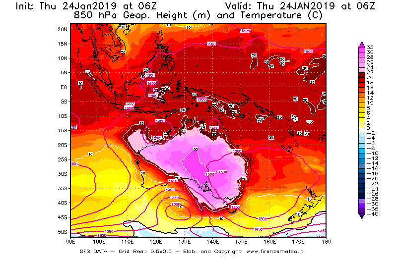 Mappa di analisi GFS - Geopotenziale [m] e Temperatura [°C] a 850 hPa in Oceania
							del 24/01/2019 06 <!--googleoff: index-->UTC<!--googleon: index-->