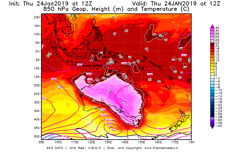 Mappa di analisi GFS - Geopotenziale [m] e Temperatura [°C] a 850 hPa in Oceania
							del 24/01/2019 12 <!--googleoff: index-->UTC<!--googleon: index-->