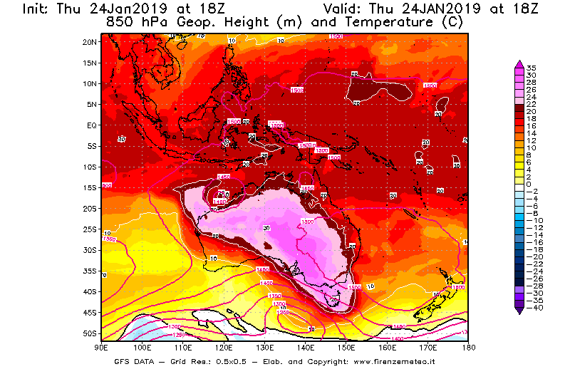Mappa di analisi GFS - Geopotenziale [m] e Temperatura [°C] a 850 hPa in Oceania
							del 24/01/2019 18 <!--googleoff: index-->UTC<!--googleon: index-->