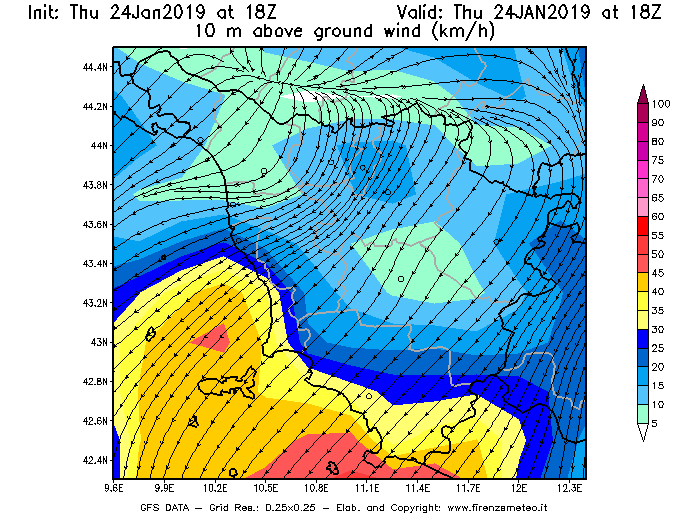 Mappa di analisi GFS - Velocità del vento a 10 metri dal suolo [km/h] in Toscana
									del 24/01/2019 18 <!--googleoff: index-->UTC<!--googleon: index-->