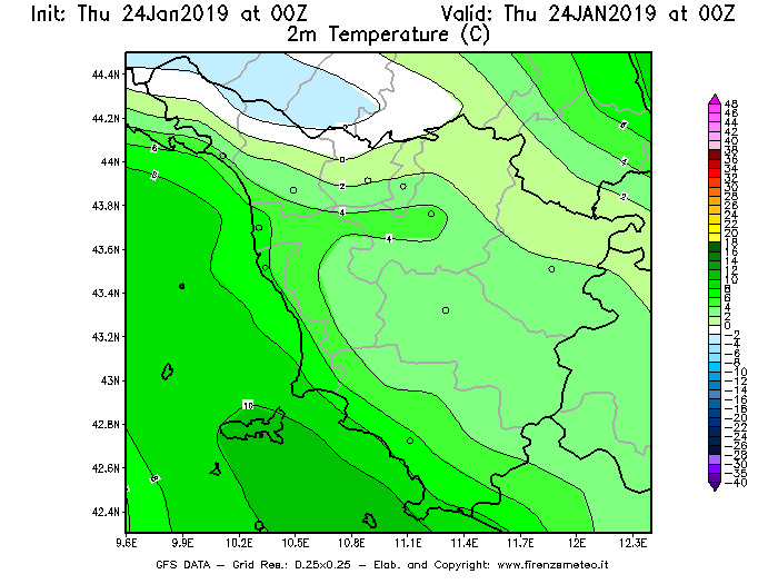 Mappa di analisi GFS - Temperatura a 2 metri dal suolo [°C] in Toscana
									del 24/01/2019 00 <!--googleoff: index-->UTC<!--googleon: index-->
