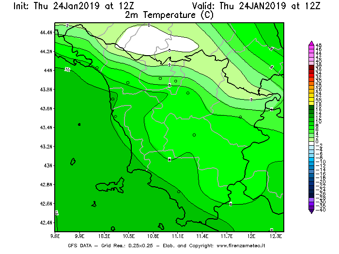 Mappa di analisi GFS - Temperatura a 2 metri dal suolo [°C] in Toscana
									del 24/01/2019 12 <!--googleoff: index-->UTC<!--googleon: index-->