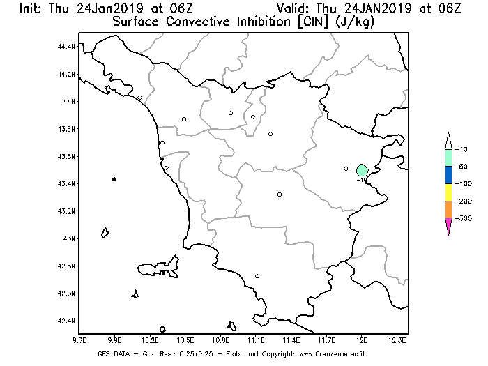 Mappa di analisi GFS - CIN [J/kg] in Toscana
									del 24/01/2019 06 <!--googleoff: index-->UTC<!--googleon: index-->