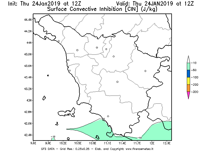 Mappa di analisi GFS - CIN [J/kg] in Toscana
							del 24/01/2019 12 <!--googleoff: index-->UTC<!--googleon: index-->