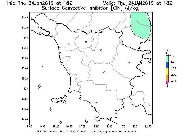 Mappa di analisi GFS - CIN [J/kg] in Toscana
							del 24/01/2019 18 <!--googleoff: index-->UTC<!--googleon: index-->