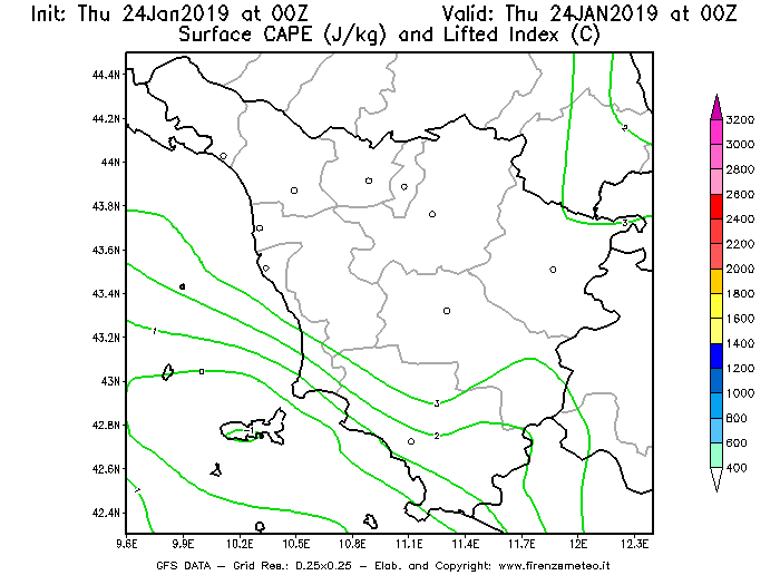 Mappa di analisi GFS - CAPE [J/kg] e Lifted Index [°C] in Toscana
									del 24/01/2019 00 <!--googleoff: index-->UTC<!--googleon: index-->