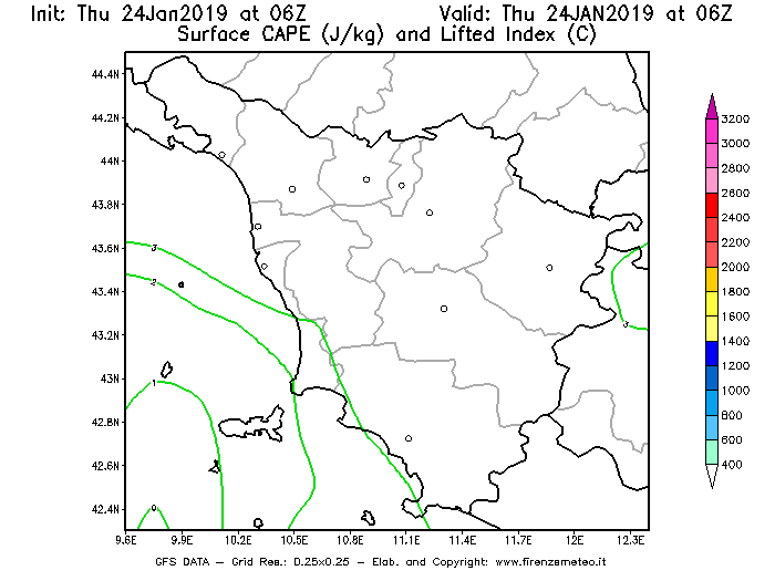 Mappa di analisi GFS - CAPE [J/kg] e Lifted Index [°C] in Toscana
							del 24/01/2019 06 <!--googleoff: index-->UTC<!--googleon: index-->