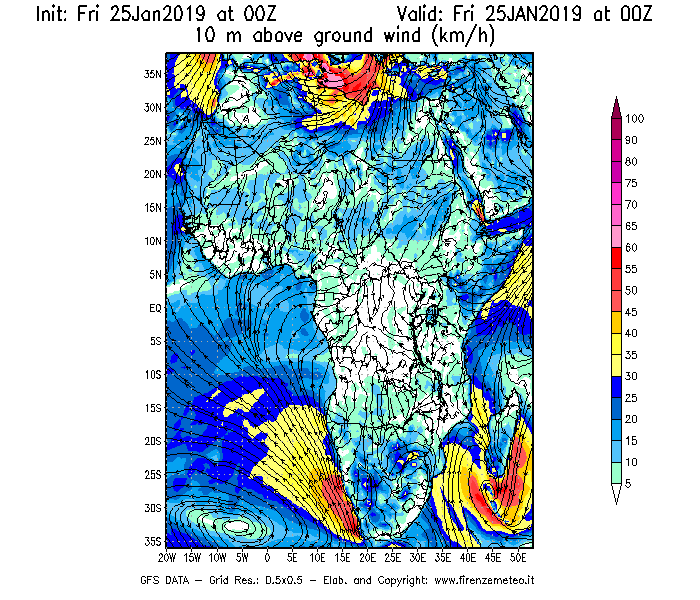 Mappa di analisi GFS - Velocità del vento a 10 metri dal suolo [km/h] in Africa
							del 25/01/2019 00 <!--googleoff: index-->UTC<!--googleon: index-->