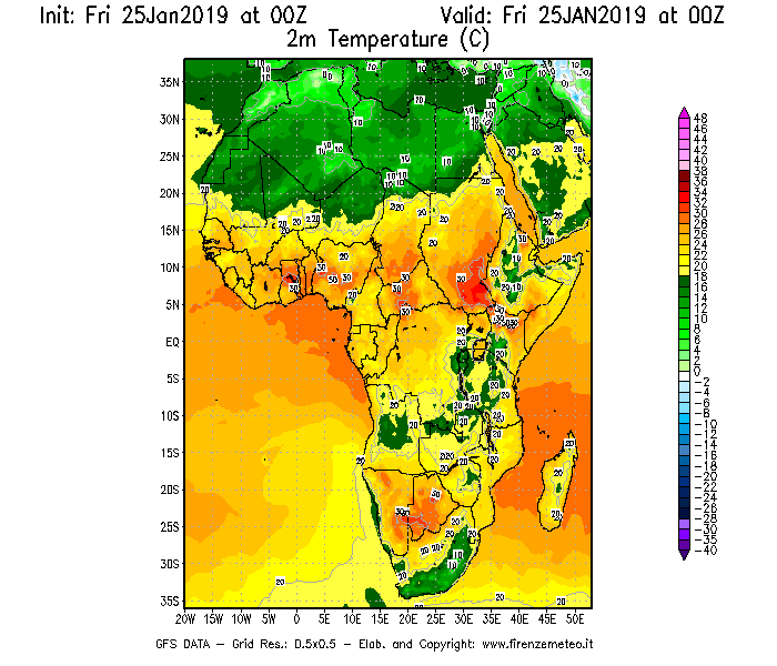 Mappa di analisi GFS - Temperatura a 2 metri dal suolo [°C] in Africa
							del 25/01/2019 00 <!--googleoff: index-->UTC<!--googleon: index-->