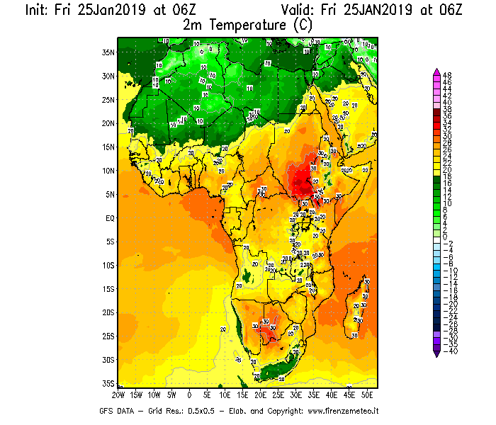 Mappa di analisi GFS - Temperatura a 2 metri dal suolo [°C] in Africa
							del 25/01/2019 06 <!--googleoff: index-->UTC<!--googleon: index-->