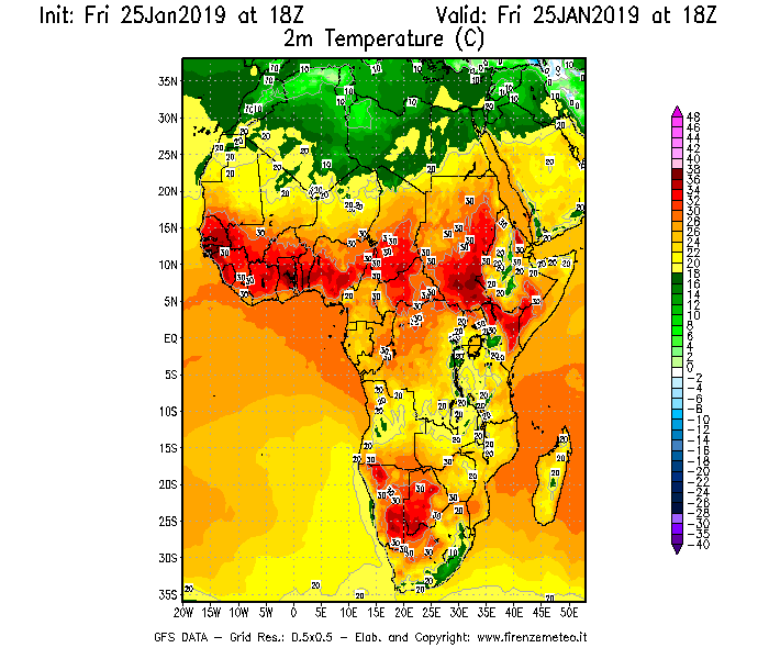 Mappa di analisi GFS - Temperatura a 2 metri dal suolo [°C] in Africa
									del 25/01/2019 18 <!--googleoff: index-->UTC<!--googleon: index-->