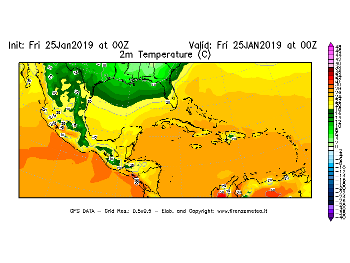 Mappa di analisi GFS - Temperatura a 2 metri dal suolo [°C] in Centro-America
							del 25/01/2019 00 <!--googleoff: index-->UTC<!--googleon: index-->