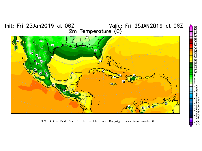 Mappa di analisi GFS - Temperatura a 2 metri dal suolo [°C] in Centro-America
							del 25/01/2019 06 <!--googleoff: index-->UTC<!--googleon: index-->