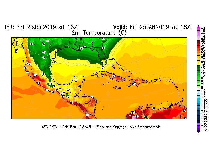 Mappa di analisi GFS - Temperatura a 2 metri dal suolo [°C] in Centro-America
									del 25/01/2019 18 <!--googleoff: index-->UTC<!--googleon: index-->