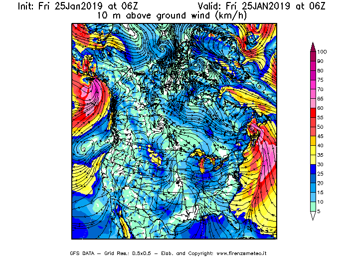 Mappa di analisi GFS - Velocità del vento a 10 metri dal suolo [km/h] in Nord-America
							del 25/01/2019 06 <!--googleoff: index-->UTC<!--googleon: index-->