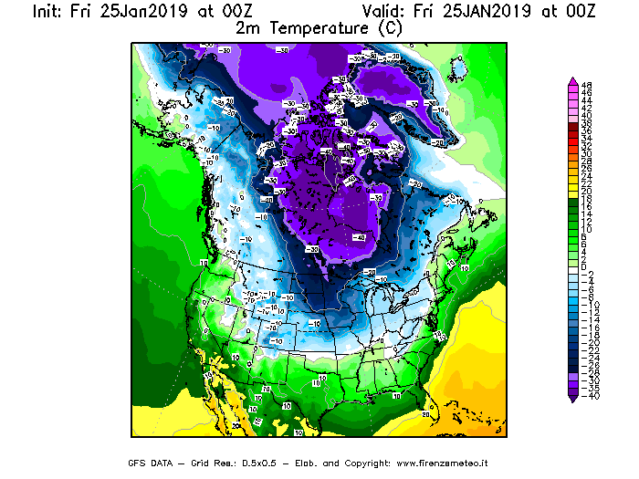 Mappa di analisi GFS - Temperatura a 2 metri dal suolo [°C] in Nord-America
									del 25/01/2019 00 <!--googleoff: index-->UTC<!--googleon: index-->