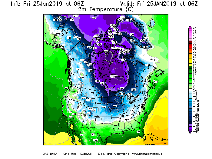Mappa di analisi GFS - Temperatura a 2 metri dal suolo [°C] in Nord-America
									del 25/01/2019 06 <!--googleoff: index-->UTC<!--googleon: index-->