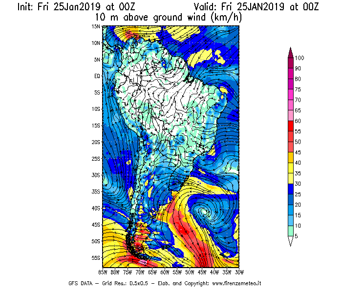 Mappa di analisi GFS - Velocità del vento a 10 metri dal suolo [km/h] in Sud-America
							del 25/01/2019 00 <!--googleoff: index-->UTC<!--googleon: index-->