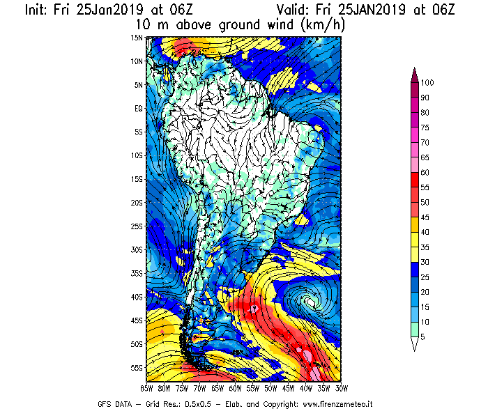 Mappa di analisi GFS - Velocità del vento a 10 metri dal suolo [km/h] in Sud-America
							del 25/01/2019 06 <!--googleoff: index-->UTC<!--googleon: index-->