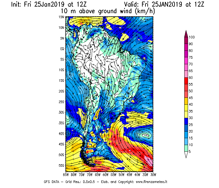 Mappa di analisi GFS - Velocità del vento a 10 metri dal suolo [km/h] in Sud-America
							del 25/01/2019 12 <!--googleoff: index-->UTC<!--googleon: index-->