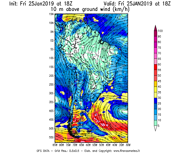 Mappa di analisi GFS - Velocità del vento a 10 metri dal suolo [km/h] in Sud-America
							del 25/01/2019 18 <!--googleoff: index-->UTC<!--googleon: index-->