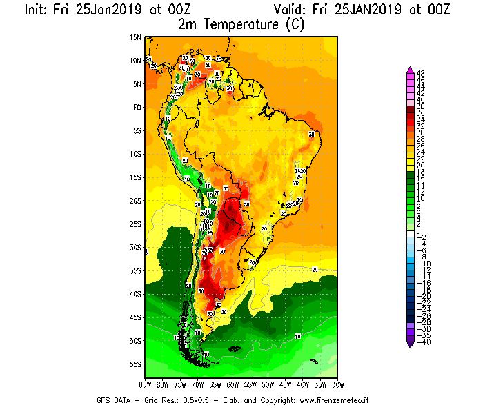 Mappa di analisi GFS - Temperatura a 2 metri dal suolo [°C] in Sud-America
									del 25/01/2019 00 <!--googleoff: index-->UTC<!--googleon: index-->
