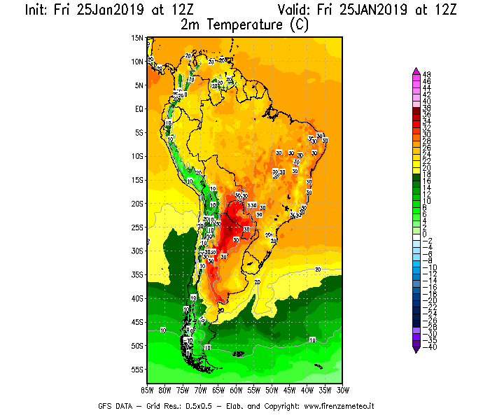 Mappa di analisi GFS - Temperatura a 2 metri dal suolo [°C] in Sud-America
									del 25/01/2019 12 <!--googleoff: index-->UTC<!--googleon: index-->
