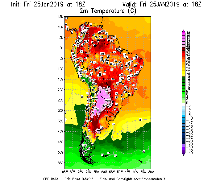 Mappa di analisi GFS - Temperatura a 2 metri dal suolo [°C] in Sud-America
									del 25/01/2019 18 <!--googleoff: index-->UTC<!--googleon: index-->