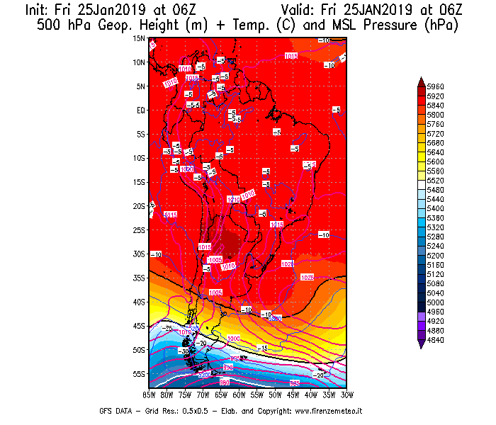 Mappa di analisi GFS - Geopotenziale [m] + Temp. [°C] a 500 hPa + Press. a livello del mare [hPa] in Sud-America
							del 25/01/2019 06 <!--googleoff: index-->UTC<!--googleon: index-->