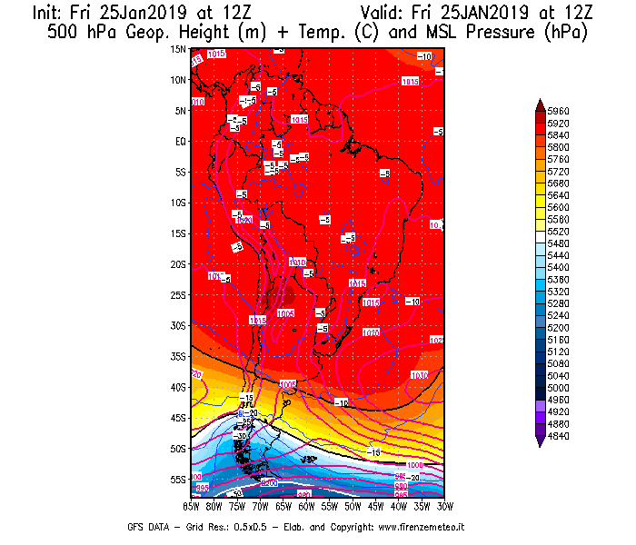 Mappa di analisi GFS - Geopotenziale [m] + Temp. [°C] a 500 hPa + Press. a livello del mare [hPa] in Sud-America
									del 25/01/2019 12 <!--googleoff: index-->UTC<!--googleon: index-->
