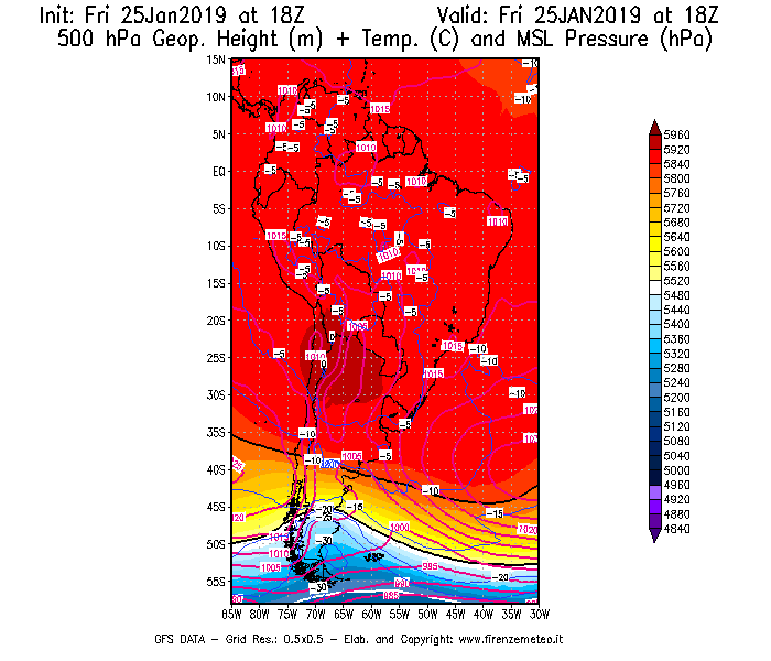Mappa di analisi GFS - Geopotenziale [m] + Temp. [°C] a 500 hPa + Press. a livello del mare [hPa] in Sud-America
							del 25/01/2019 18 <!--googleoff: index-->UTC<!--googleon: index-->