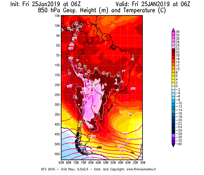 Mappa di analisi GFS - Geopotenziale [m] e Temperatura [°C] a 850 hPa in Sud-America
									del 25/01/2019 06 <!--googleoff: index-->UTC<!--googleon: index-->