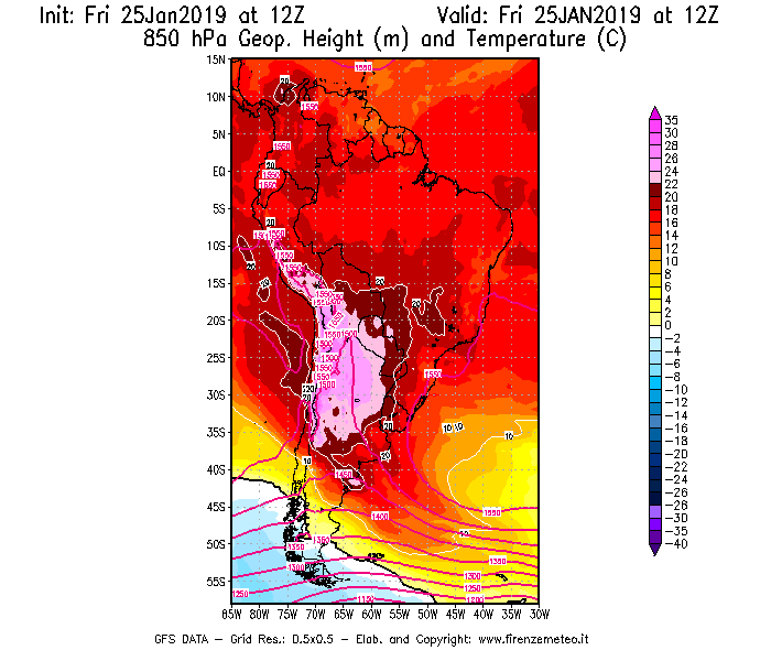 Mappa di analisi GFS - Geopotenziale [m] e Temperatura [°C] a 850 hPa in Sud-America
							del 25/01/2019 12 <!--googleoff: index-->UTC<!--googleon: index-->