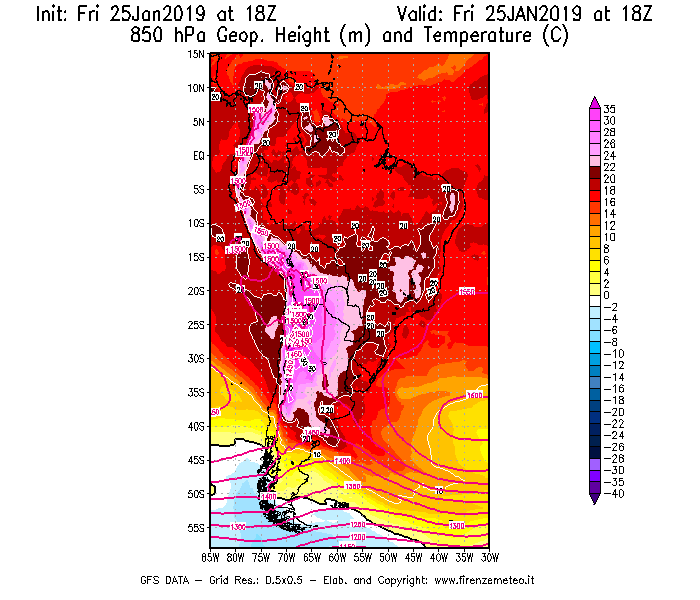 Mappa di analisi GFS - Geopotenziale [m] e Temperatura [°C] a 850 hPa in Sud-America
							del 25/01/2019 18 <!--googleoff: index-->UTC<!--googleon: index-->