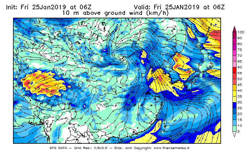 Mappa di analisi GFS - Velocità del vento a 10 metri dal suolo [km/h] in Asia Orientale
									del 25/01/2019 06 <!--googleoff: index-->UTC<!--googleon: index-->