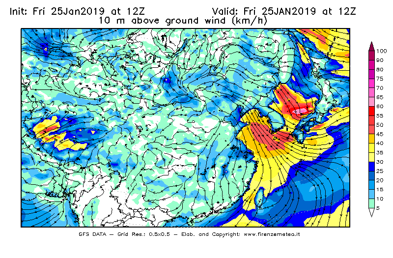 Mappa di analisi GFS - Velocità del vento a 10 metri dal suolo [km/h] in Asia Orientale
							del 25/01/2019 12 <!--googleoff: index-->UTC<!--googleon: index-->
