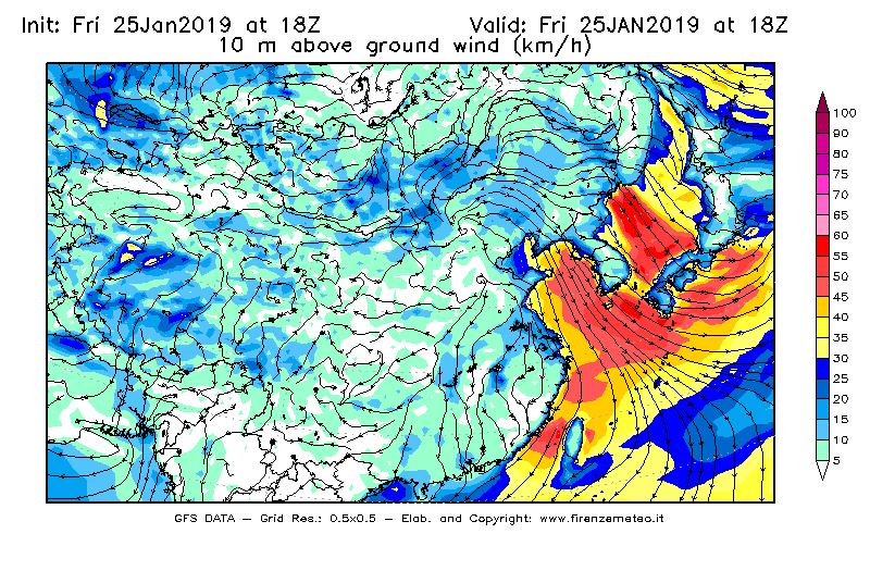Mappa di analisi GFS - Velocità del vento a 10 metri dal suolo [km/h] in Asia Orientale
							del 25/01/2019 18 <!--googleoff: index-->UTC<!--googleon: index-->