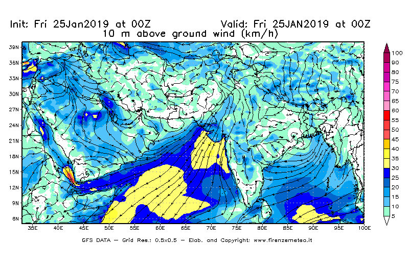 Mappa di analisi GFS - Velocità del vento a 10 metri dal suolo [km/h] in Asia Sud-Occidentale
							del 25/01/2019 00 <!--googleoff: index-->UTC<!--googleon: index-->