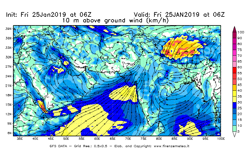 Mappa di analisi GFS - Velocità del vento a 10 metri dal suolo [km/h] in Asia Sud-Occidentale
							del 25/01/2019 06 <!--googleoff: index-->UTC<!--googleon: index-->