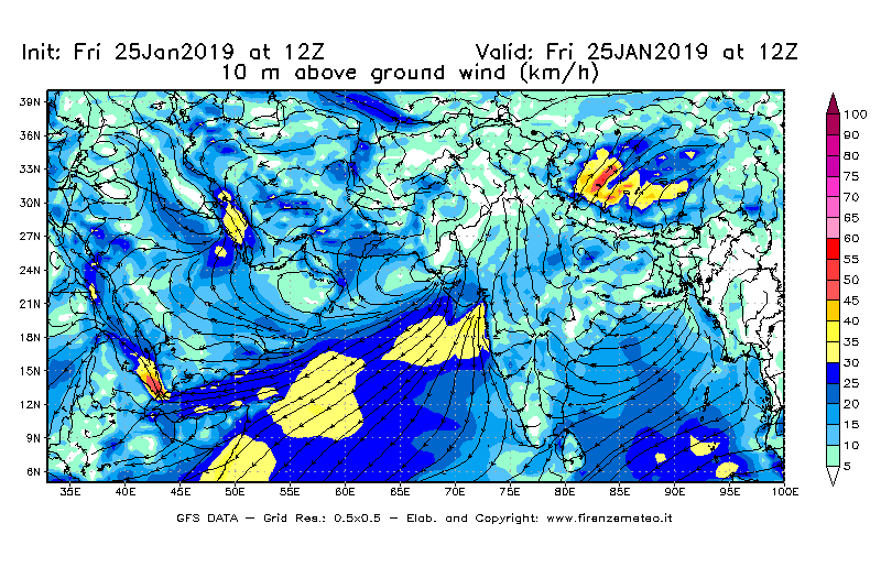 Mappa di analisi GFS - Velocità del vento a 10 metri dal suolo [km/h] in Asia Sud-Occidentale
									del 25/01/2019 12 <!--googleoff: index-->UTC<!--googleon: index-->