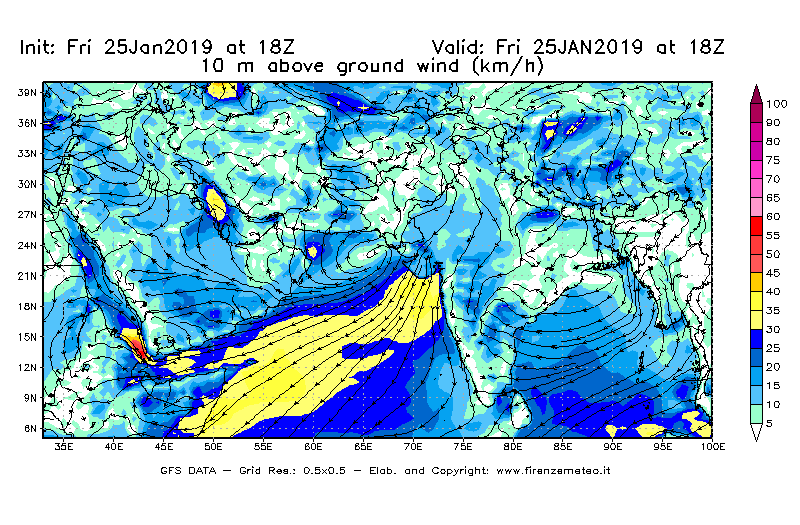 Mappa di analisi GFS - Velocità del vento a 10 metri dal suolo [km/h] in Asia Sud-Occidentale
							del 25/01/2019 18 <!--googleoff: index-->UTC<!--googleon: index-->